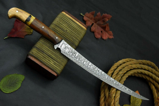 Custom Damascus Steel Fillet Knife Damascus Fillet Knife With Olive & Walnut Handle 