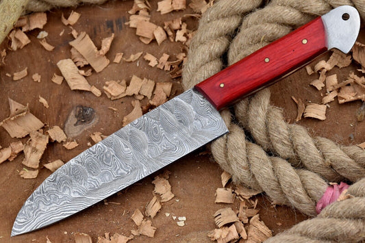 Custom Damascus Steel Kitchen Chef Knife 11" Full Tang with Red Wood Handle