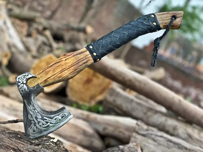 Custom Etched Carbon Steel Axe Viking Axe with Wooden Handle for Camping & Bushcraft