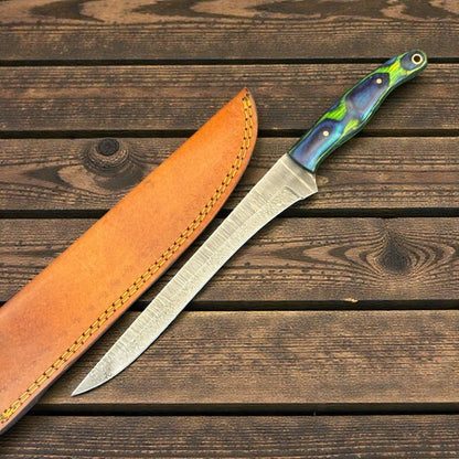 Custom Fillet Knife & Damascus Steel Fillet Knife 12" Kitchen Knife With Wood Handle