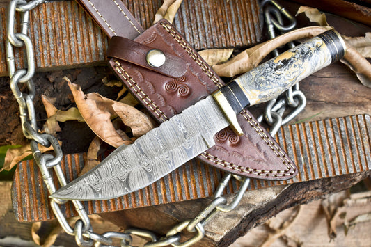 Custom Forged 8 Inch Skinner Knife Twist Damascus Micarta Handle Brass Guard Rare w/ Leather Sheath