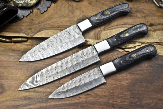 Custom Forged Chef Knife Set Twist Damascus Steel with Hard Wood Handles – Lot of 3 Camping Knives