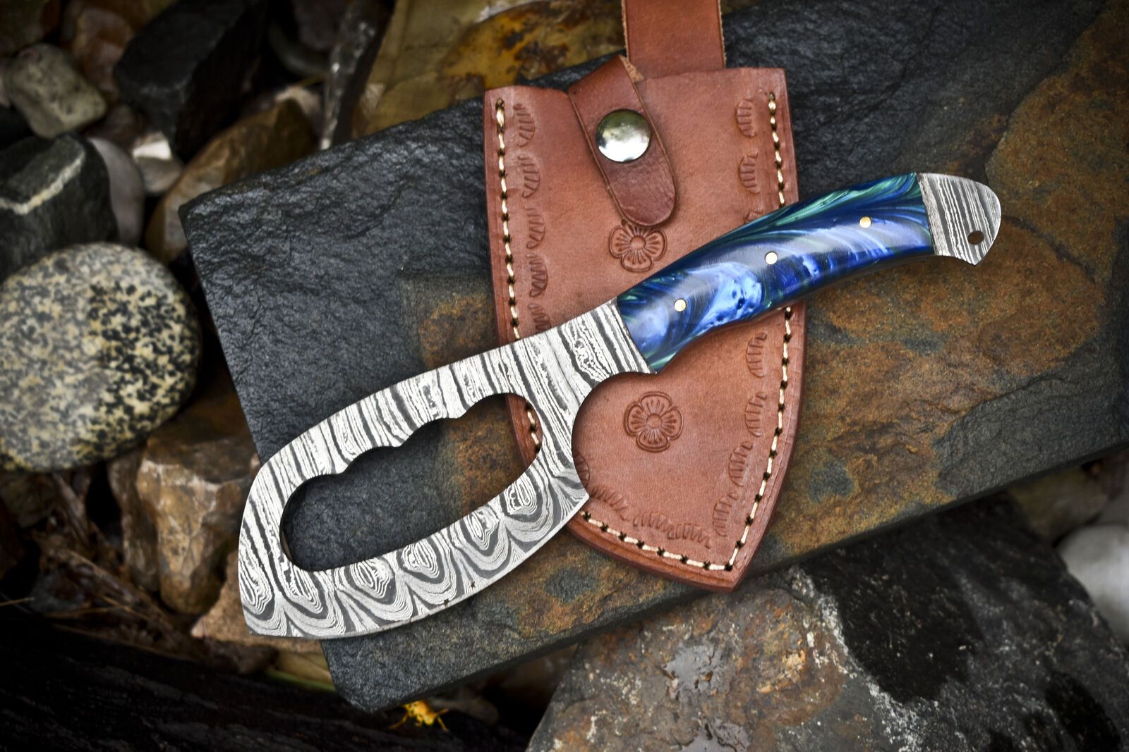 Custom Forged Clever Chopper Axe Knife Twist Damascus with Micarta Handle and Leather Sheath