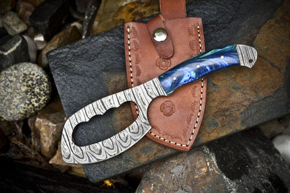 Custom Forged Clever Chopper Axe Knife Twist Damascus with Micarta Handle and Leather Sheath