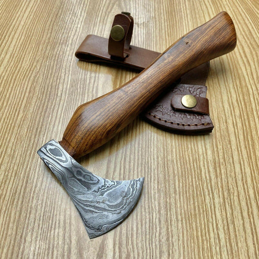 Custom Forged Damascus Axe Tomahawk with Wood Handle | Handmade Damascus Steel Axe for Camping and Survival