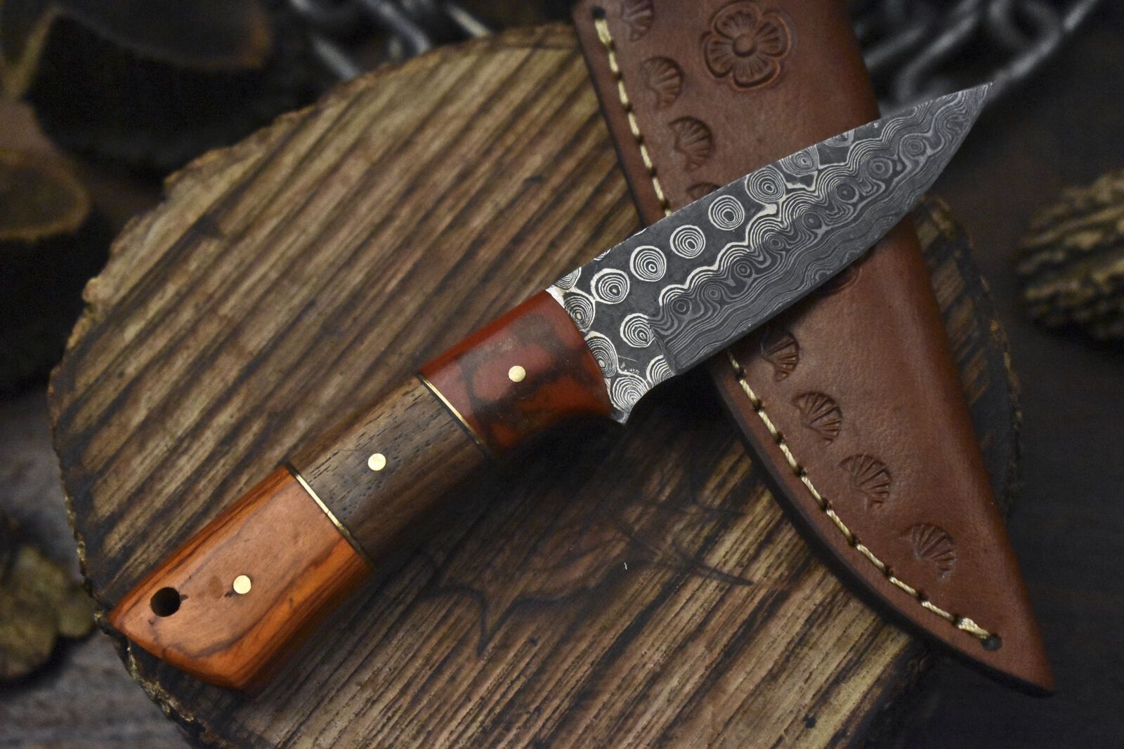 Custom Forged Damascus Skinner Knife Rain Drop Pattern Hardwood Handle EDC