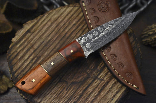 Custom Forged Damascus Skinner Knife Rain Drop Pattern Hardwood Handle EDC
