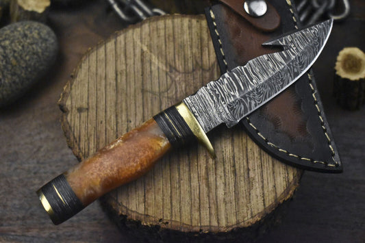Custom Forged Damascus Skinner Knife with Gut Hook Micarta Handle Twist Blade