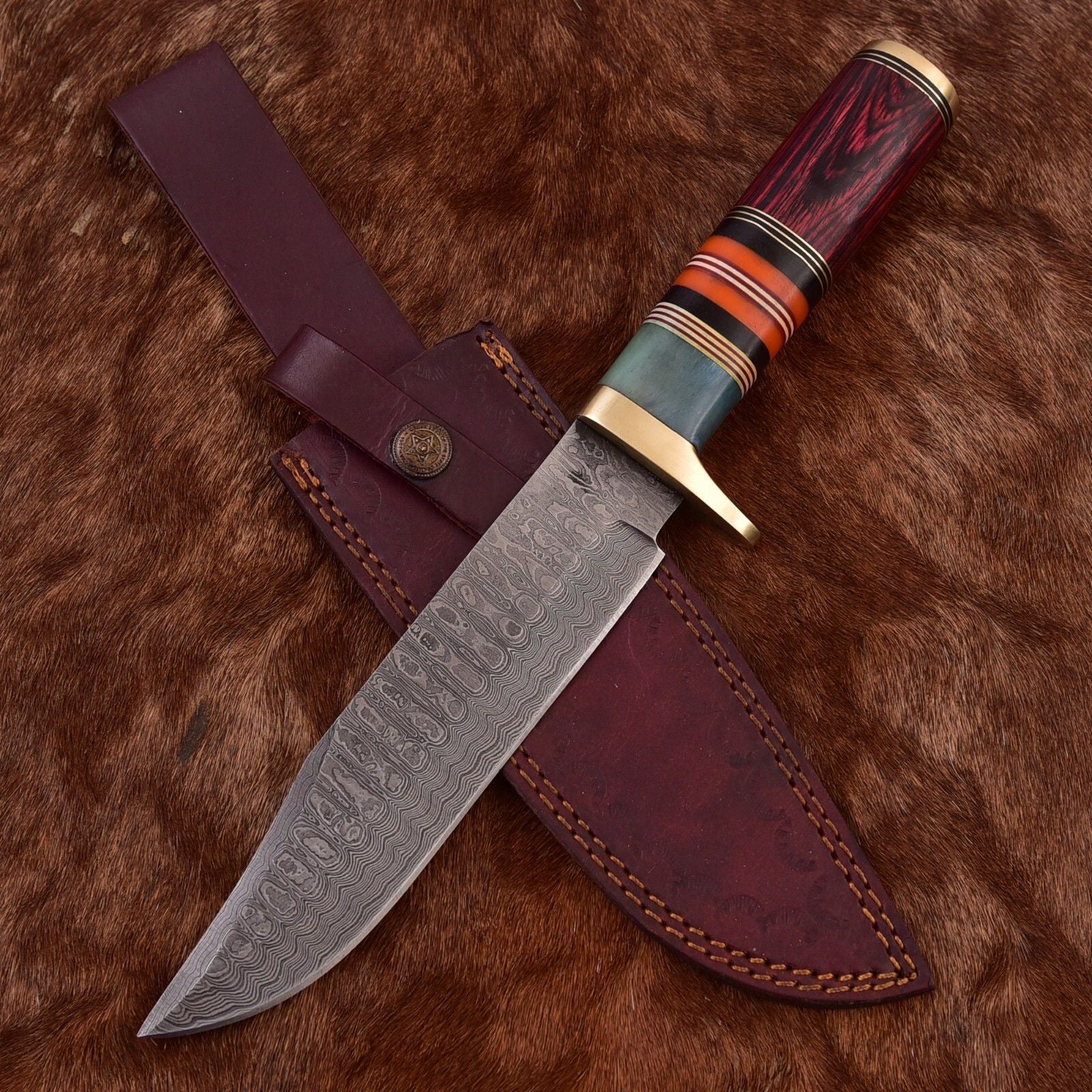 Custom Forged Damascus Steel Bowie Knife with Wood Handle and Leather Sheath
