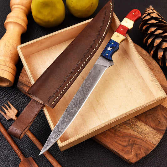 Custom Forged Damascus Steel Chef Fillet Kitchen Knife with Camel Bone Handle and Leather Sheath
