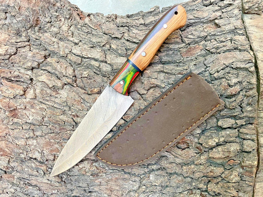 Custom Forged Damascus Steel Chef Knife – 12" Kitchen Cutlery with Wood Handle & Leather Sheath

