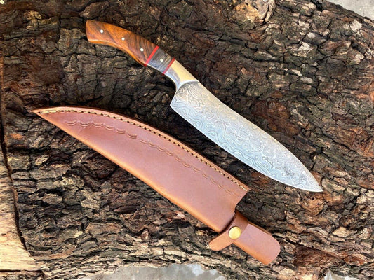 Custom Forged Damascus Steel Cooking & Chopping Kitchen Knife with Leather Sheath