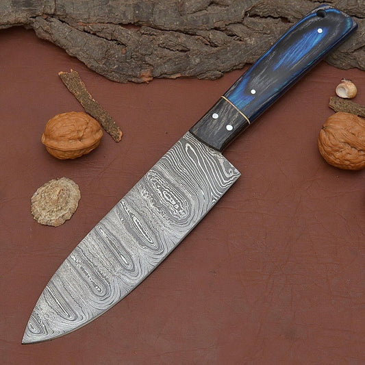 Custom Forged Damascus Steel Fillet Chef Knife Full Tang with Pakka Wood Handle & Leather Sheath