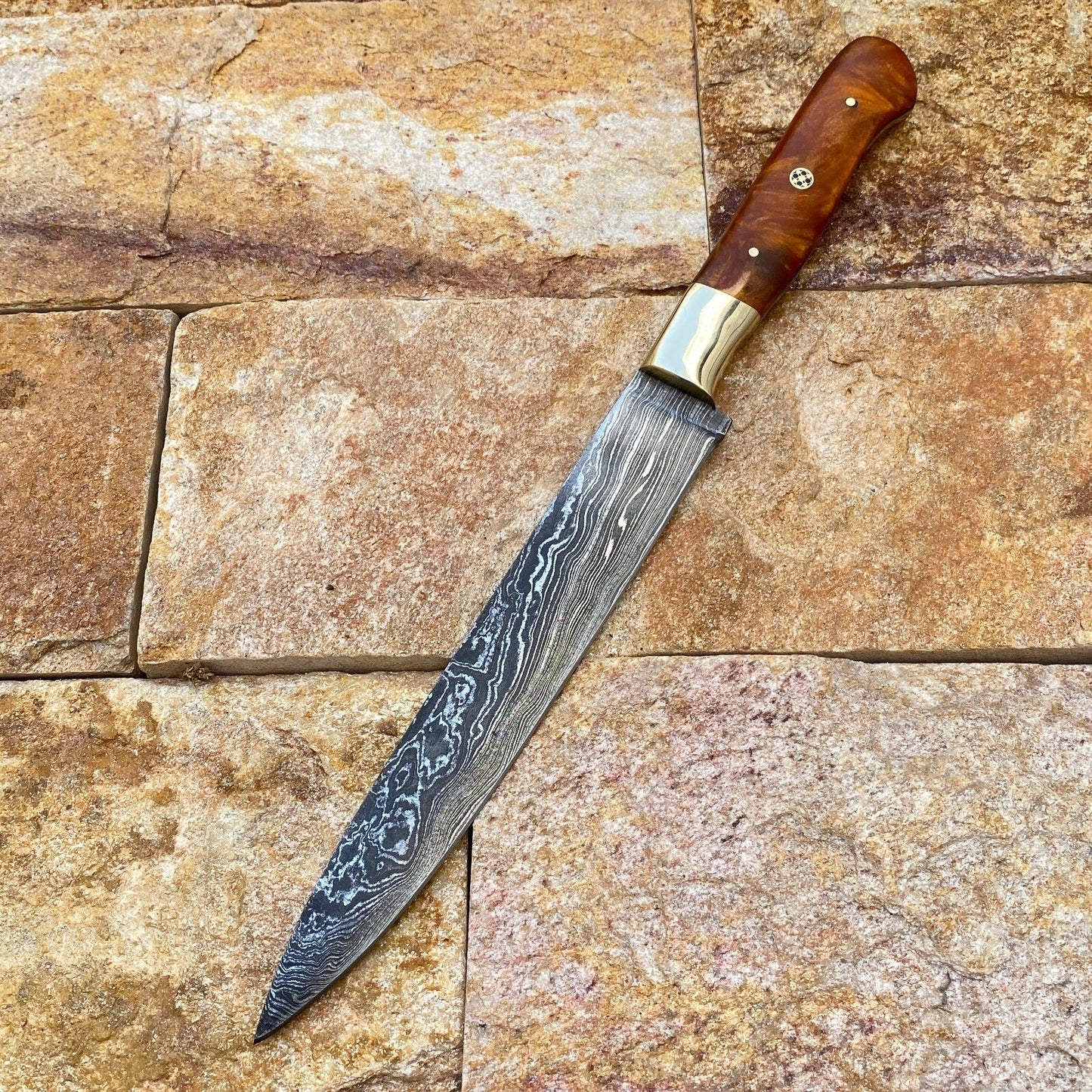 Custom Forged Damascus Steel Fishing Fillet Chef Knife – Resin & Brass Handle