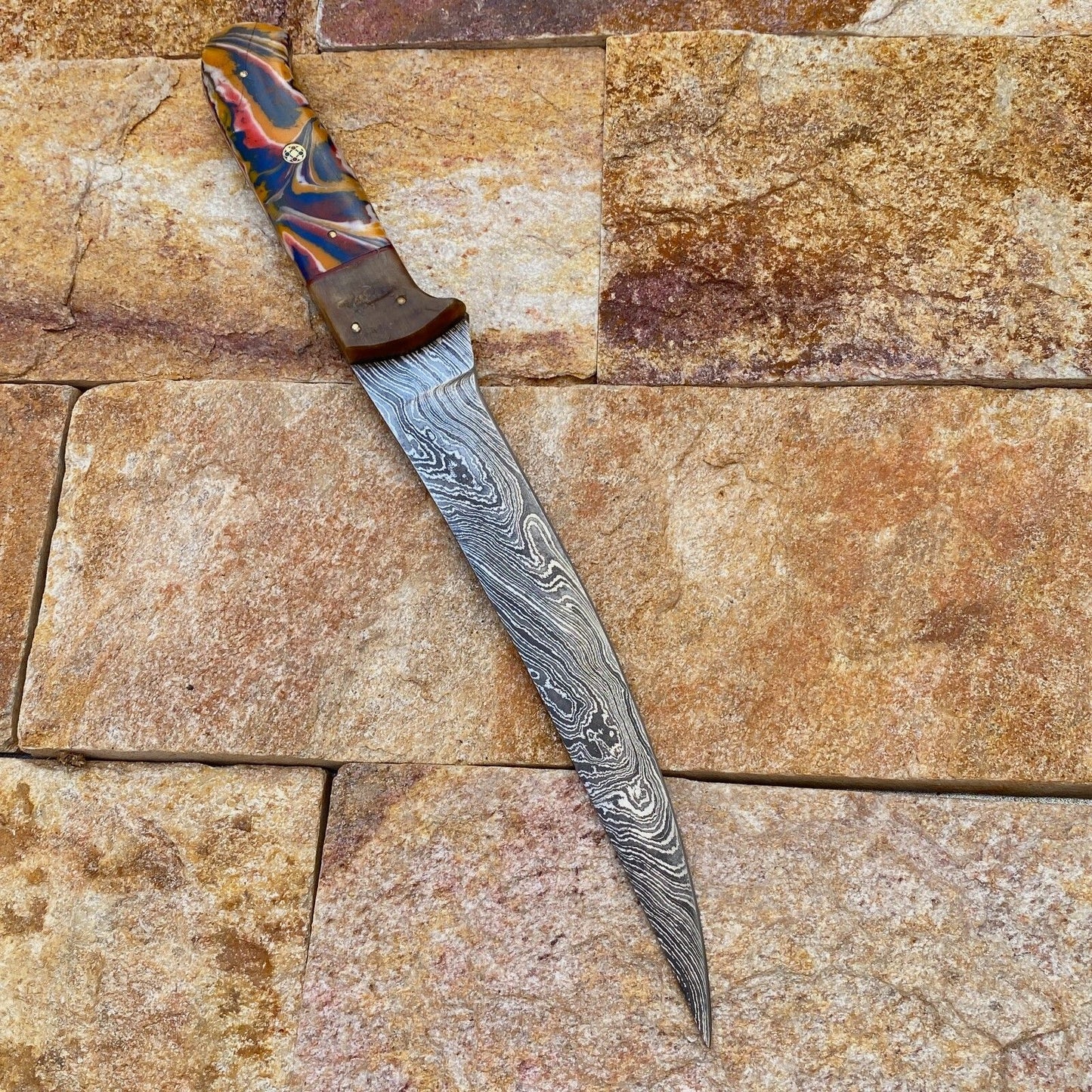 Custom Forged Damascus Steel Fishing Fillet Chef Knife – Resin & Brass Handle