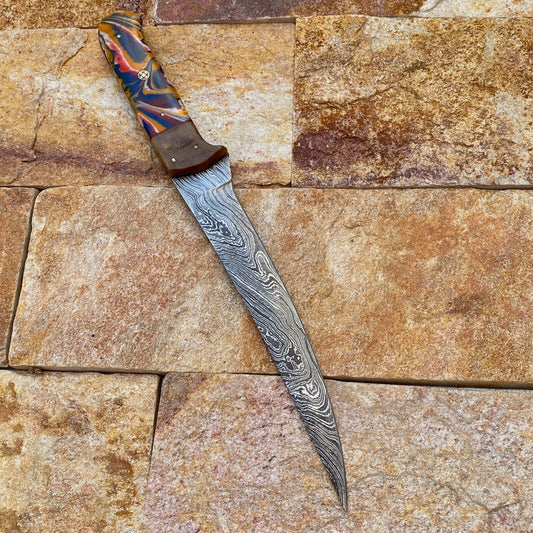 Custom Forged Damascus Steel Fishing Fillet Chef Knife – Resin & Brass Handle