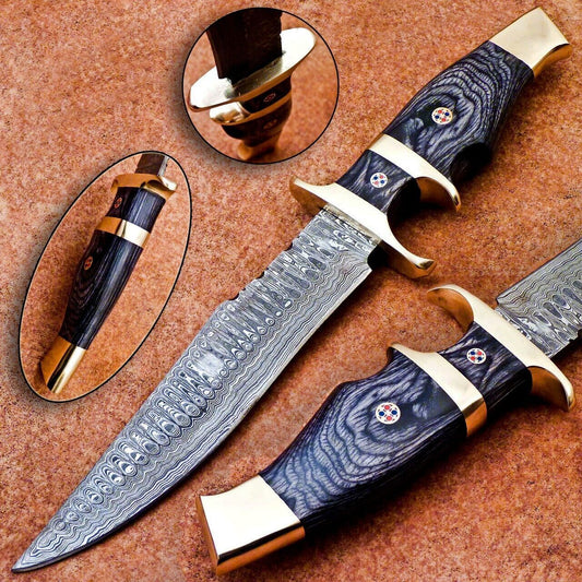 Custom Forged Damascus Steel Handmade Hunting Bowie Knife With Hardwood Handle

