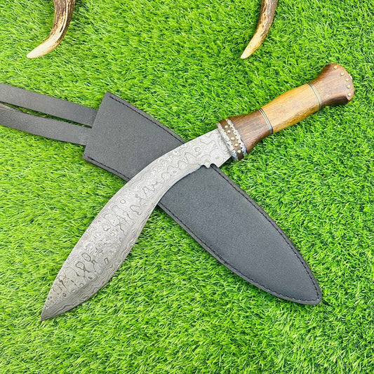 Custom Forged Damascus Steel Handmade Kukri Bowie Hunting Knife With Wood Handle