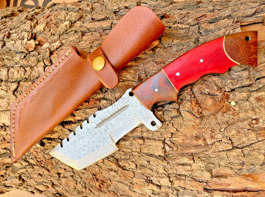 Custom Forged Damascus Steel Tracker Knife – Hunting, Camping, Bushcraft Boot Knife with Sheath