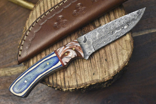 Custom Forged Rain Drop Damascus Skinner Knife with Hard Wood Handle for Camping