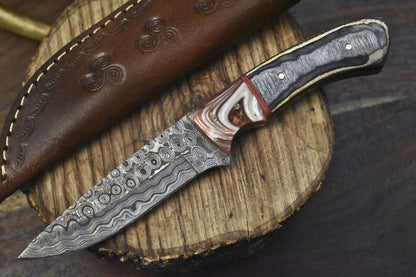 Custom Forged Rain Drop Damascus Skinner Knife with Hardwood Handle – 8" Camping & Hunting Blade
