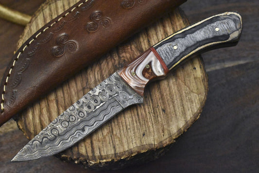 Custom Forged Rain Drop Damascus Skinner Knife with Hardwood Handle – 8" Camping & Hunting Blade