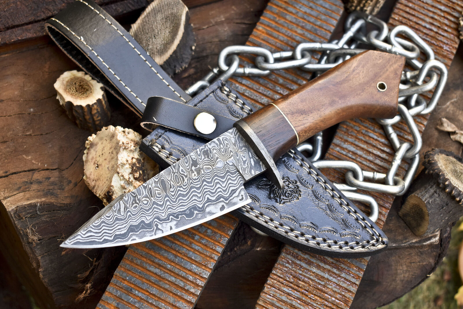 Custom Forged Rain Drop Damascus Skinner Knife with Walnut Wood Handle – Camping & Hunting Edition