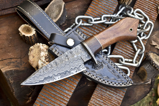 Custom Forged Rain Drop Damascus Skinner Knife with Walnut Wood Handle – Camping & Hunting Edition
