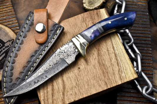 Custom Forged Raindrop Damascus Skinner Knife & Leather Sheath