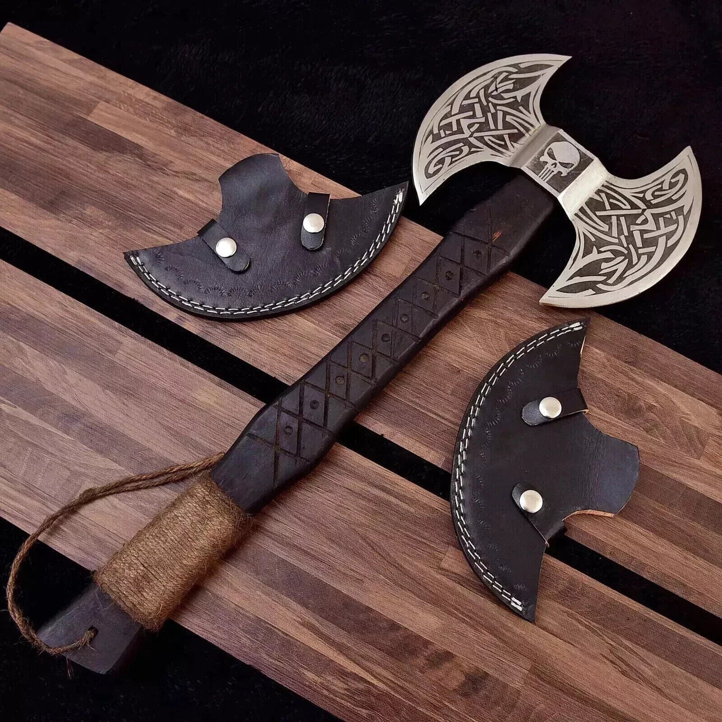 Custom Forged Replica Viking Axe Double Head Carbon Steel Camping and Bushcraft Hatchet with Leather Cover