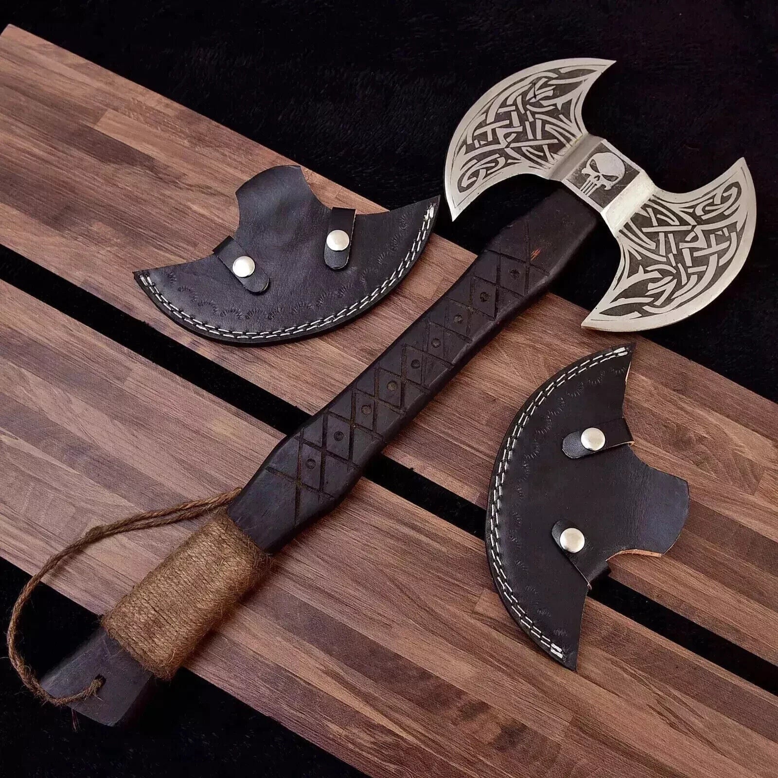 Custom Forged Replica Viking Axe Double Head Carbon Steel Camping and Bushcraft Hatchet with Leather Cover