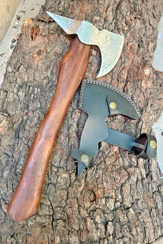 Custom Forged Replica Viking Axe with Etched Carbon Steel Head and Wooden Handle for Camping and Bushcraft