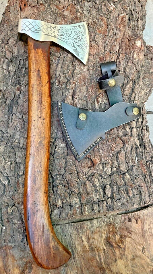 Custom Forged Steel Axe Viking Axe for Sale with Wooden Handle and Leather Sheath
