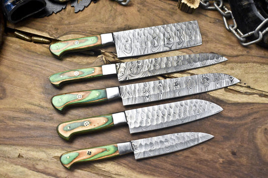 Custom Forged Twist Damascus Chef Knife Set – Lot of 5 Hardwood Handle Hunting & Kitchen Knives