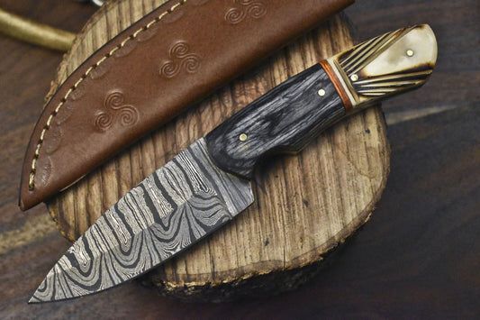 Custom Forged Twist Damascus Skinner Knife Bone and Wood Hunting Blade