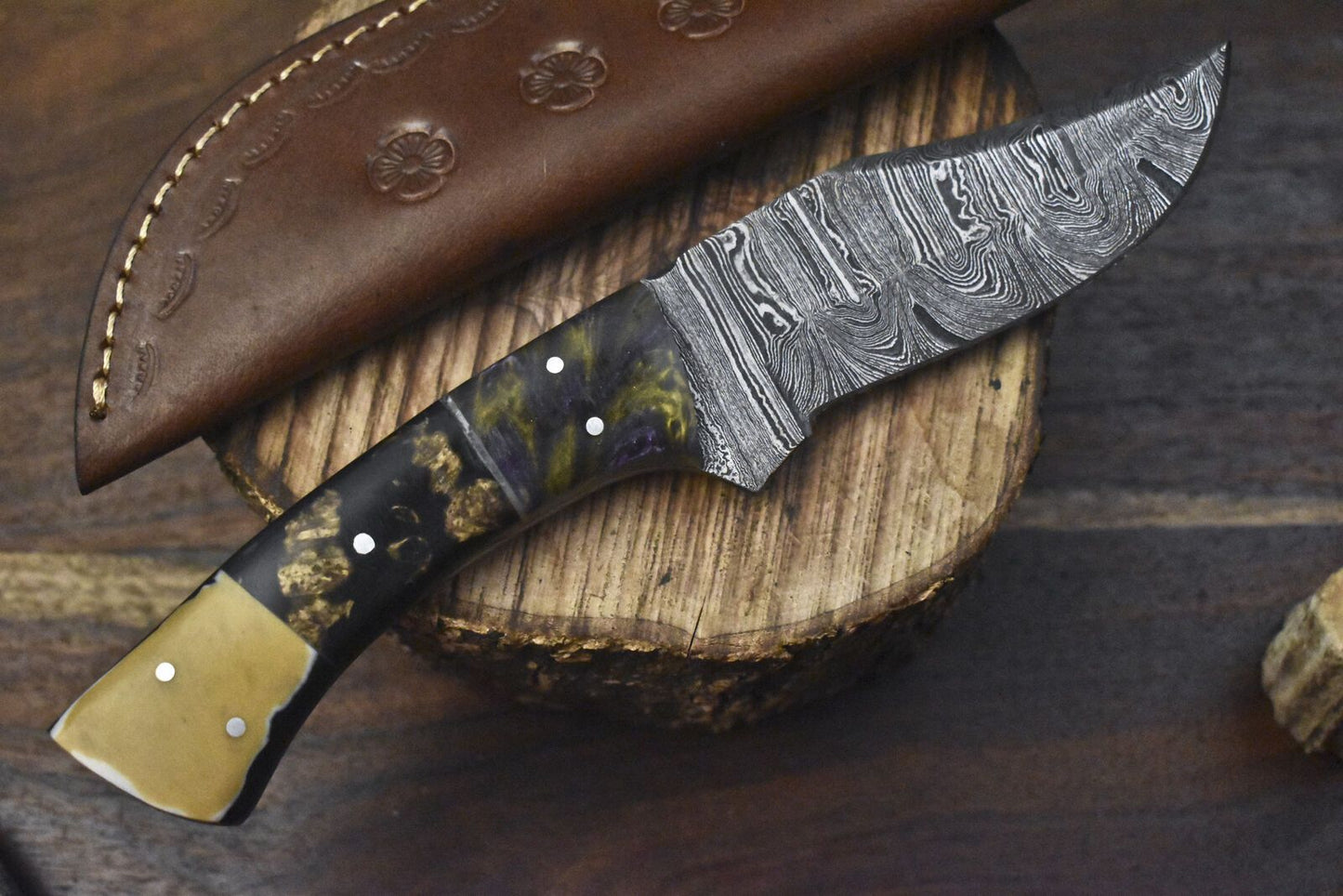Custom Forged Twist Damascus Skinner Knife with Corain Handle for Fishing and Hunting