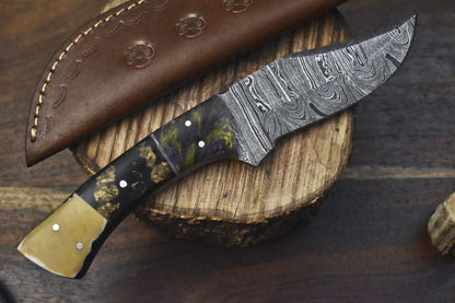 Custom Forged Twist Damascus Skinner Knife with Corain Handle for Fishing and Hunting