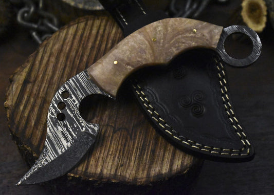 Custom Forged Twist Damascus Skinner Knife with Corian Handle – Fishing and Bushcraft Hunting Blade