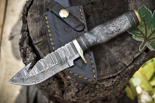 Custom Forged Twist Damascus Skinner Knife with Gut Hook Corian Handle and Brass Guard