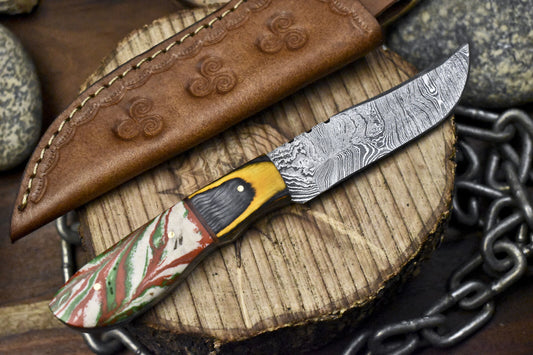 Custom Forged Twist Damascus Skinner Knife with Micarta Handle and Wooden Bolster – 8 Inch Hunting Blade