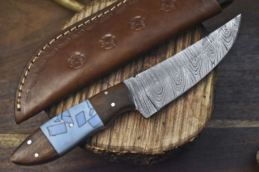 Custom Forged Twist Damascus Skinner Knife with Mixed Material Handle for EDC