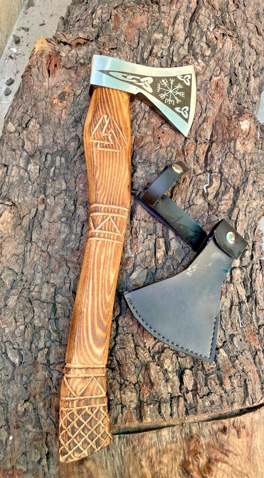 Custom Forged Viking Hatchet 22 Inch Carbon Steel Camping Axe with Wooden Handle and Leather Sheath