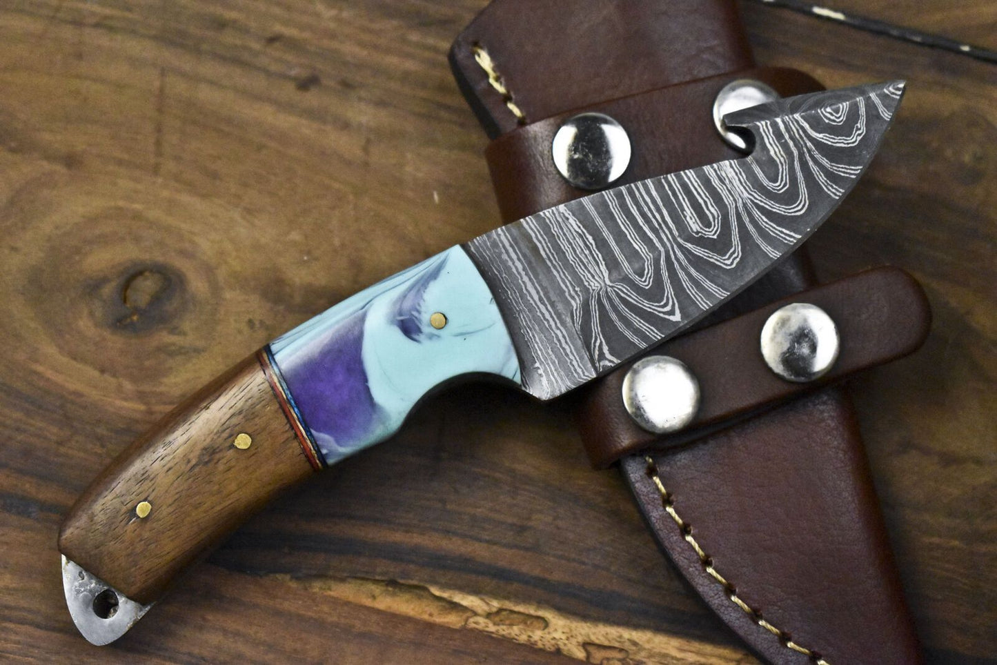 Custom Gut Hook Skinner Knife Twist Damascus Walnut Wood Micarta Guard with Sheath