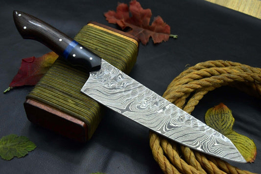 Custom Hammered Damascus Steel Chef Knife Handmade, Vengai Wood Handle, Ladder Pattern Blade