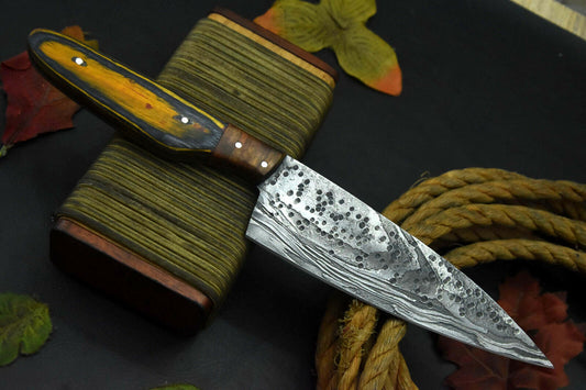 Custom Hammered Damascus Steel Fixed Blade Chef Knife Handmade, Wooden Handle