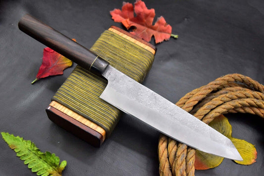 Custom Hammered Spring Steel 5160 Fixed Blade Chef Kitchen Knife with Walnut & Horn Handle