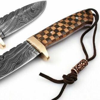 Custom Hand-Forged Damascus Bowie Knife – Wood Handle with Brass Guard & Leather Sheath (8")