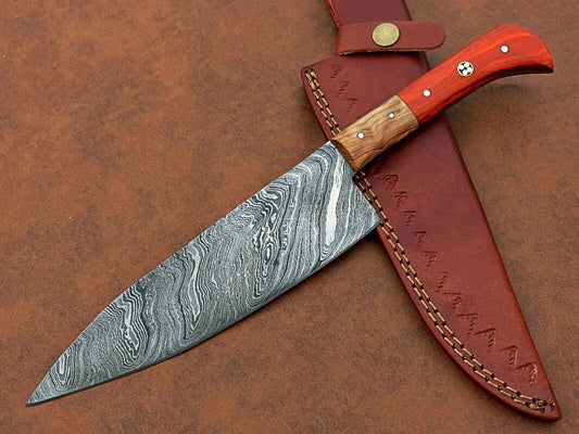 Custom Hand-Forged Damascus Chef Knife – Camping & Kitchen Knife Gift with Leather Sheath