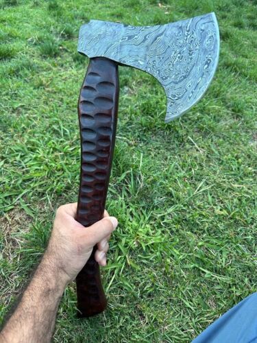 Custom Hand-Forged Damascus Steel Camping Hatchet Tomahawk Axe | 20-Inch Viking Axe with Engraved Natural Wood Handle & Leather Sheath