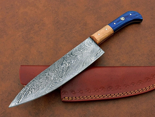 Custom Hand-Forged Damascus Steel Chef Knife | Camping & Kitchen Multipurpose Knife with Leather Sheath